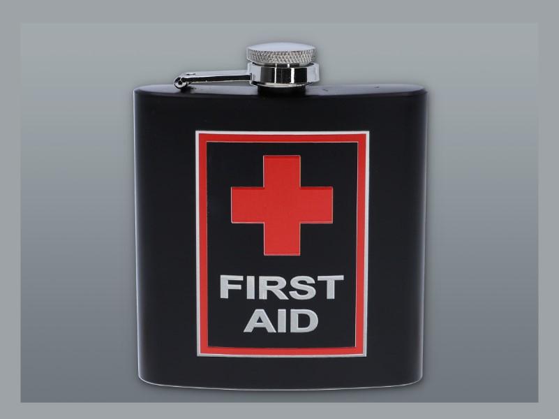 Matt fekete színű rozsdamentes acél flaska, laposüveg 6 oz. = 1.77 dl - First Aid felirattal